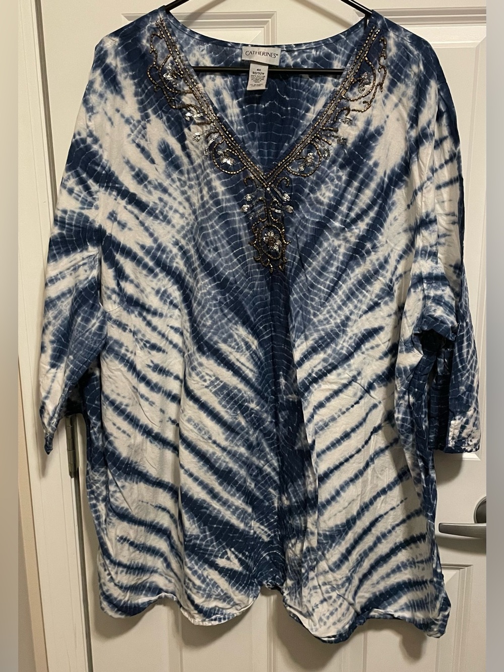 Catherines 4X Tunic Blouse Blue White Tie Dye Beaded Sequin V-Neck Plus Size 4X